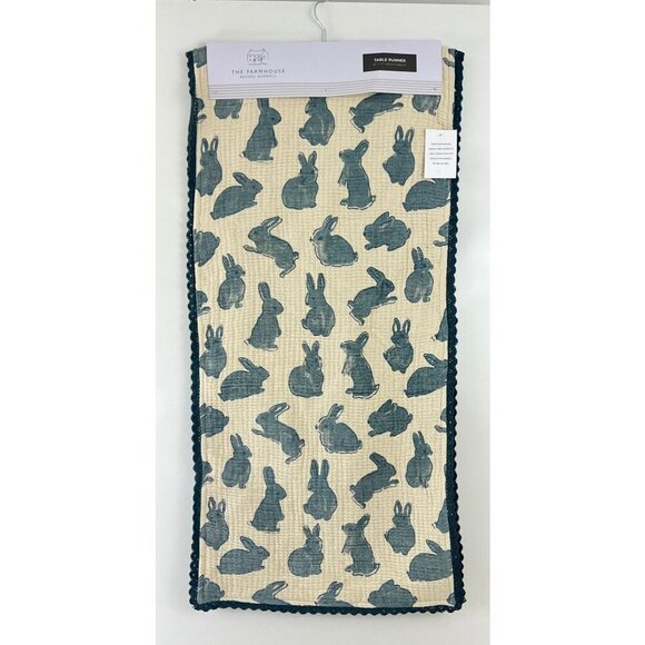 Rachel Ashwell Farmhouse Table Runner With Blue Bunny Print & Lace Trim 16" x 72 - Picture 1 of 8